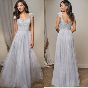 Belsoie | Gray Lace Soft Tulle Cap Sleeve Bridesmaid Dress L204007 Plus Size 14